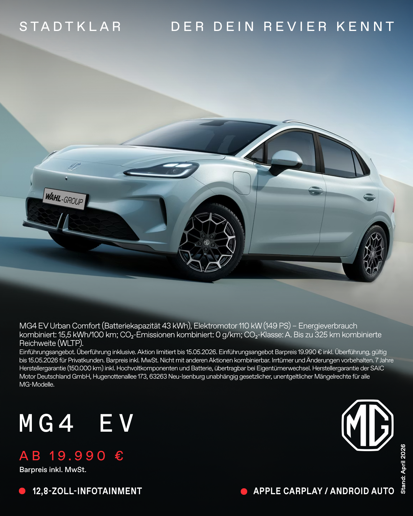 MG4 EV Urban Comfort – Barpreisangebot Privatkunden 19.990 EUR bei Autohaus Wahl
